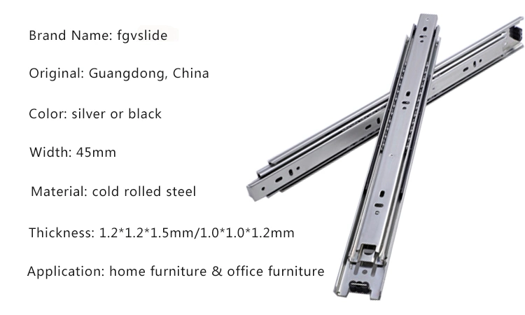 Furniture Hardware Telescopic Channel 45mm 3 Folds Full Extension Side Mounting Ball Bearing Drawer Slide